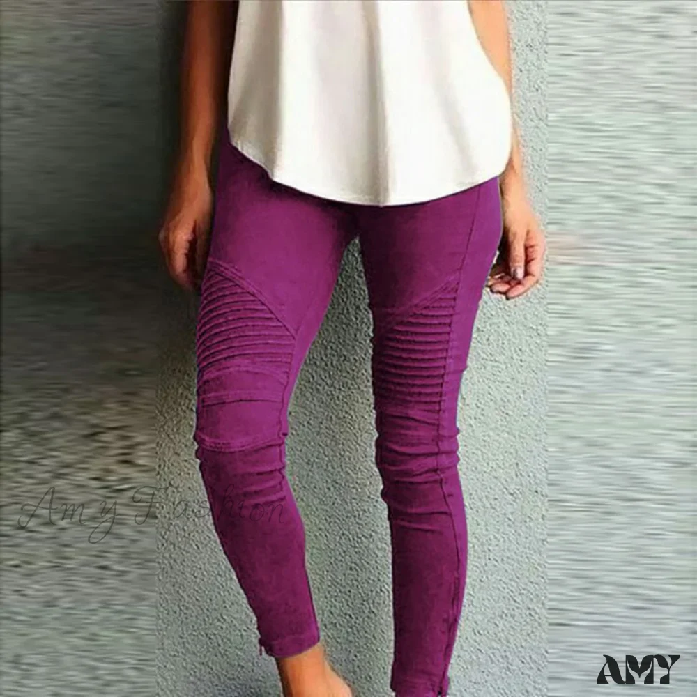 Amy Fashion - Fashion Solid Color Elastic Waistband Slim Skinny Pencil Pant Trouser - Image 4