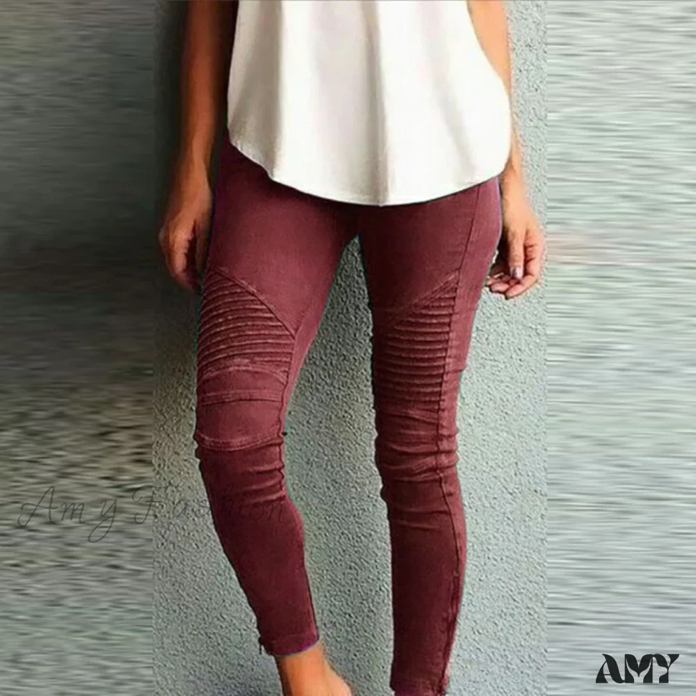 Amy Fashion - Fashion Solid Color Elastic Waistband Slim Skinny Pencil Pant Trouser - Image 8