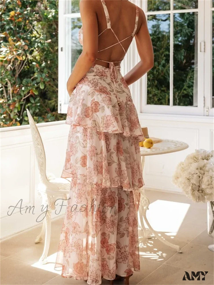 Amy Fashion - Women Floral Print  Sleeveless Deep V Neck Tiered Ruffles Hem  Spring Summer Backless Beach Vestidos - Image 2