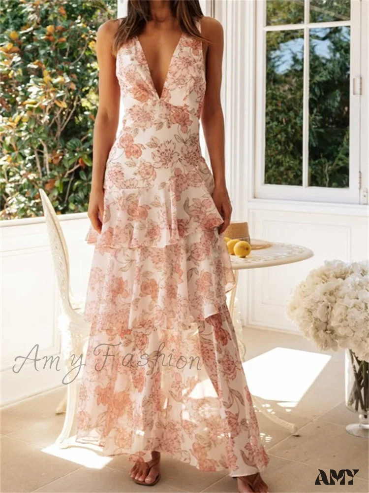 Amy Fashion - Women Floral Print  Sleeveless Deep V Neck Tiered Ruffles Hem  Spring Summer Backless Beach Vestidos - Image 4