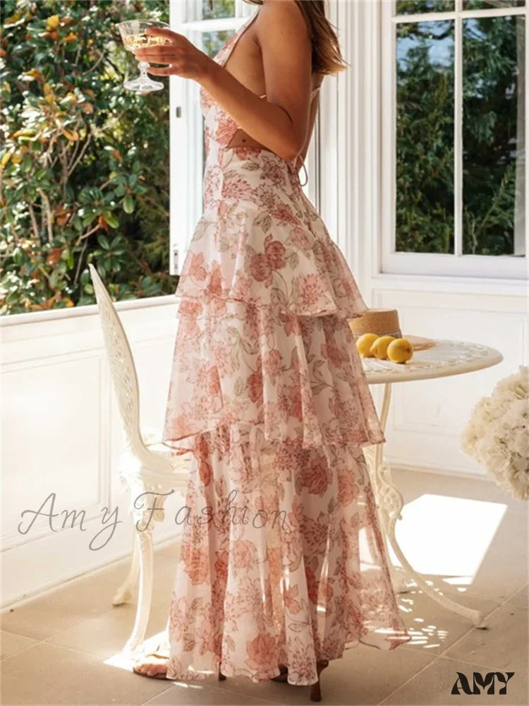 Amy Fashion - Women Floral Print  Sleeveless Deep V Neck Tiered Ruffles Hem  Spring Summer Backless Beach Vestidos - Image 5