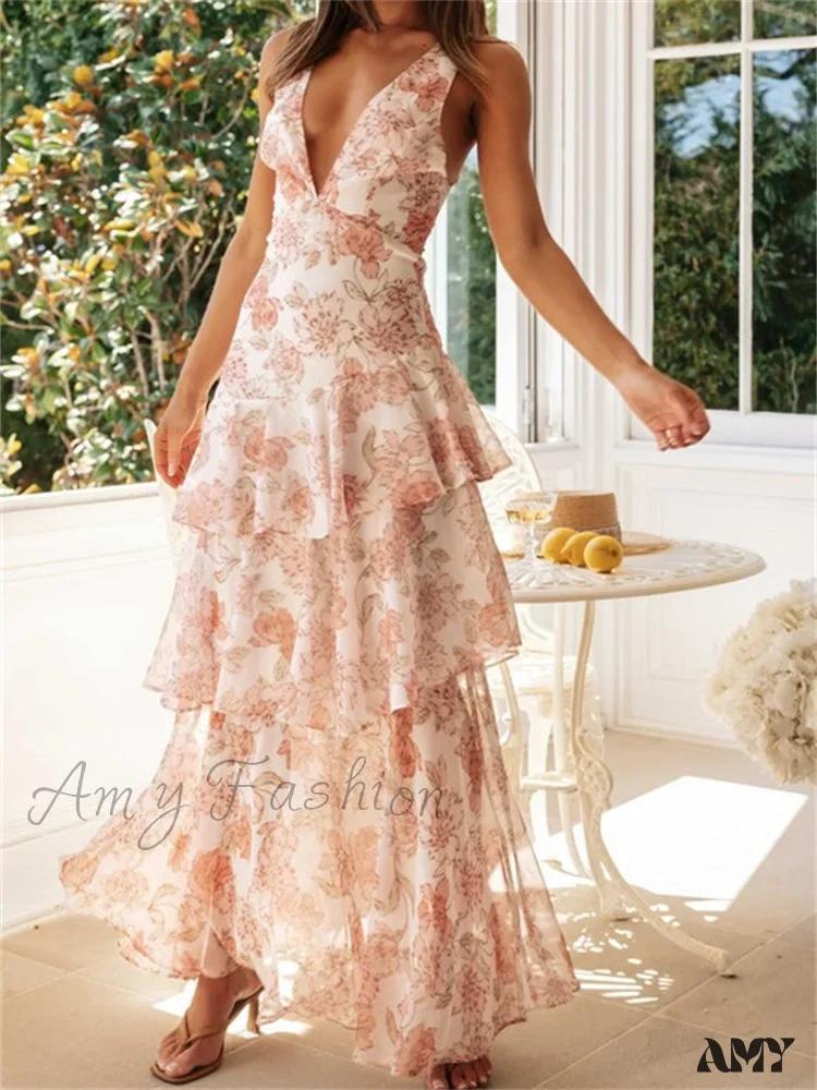 Amy Fashion - Women Floral Print  Sleeveless Deep V Neck Tiered Ruffles Hem  Spring Summer Backless Beach Vestidos - Image 6