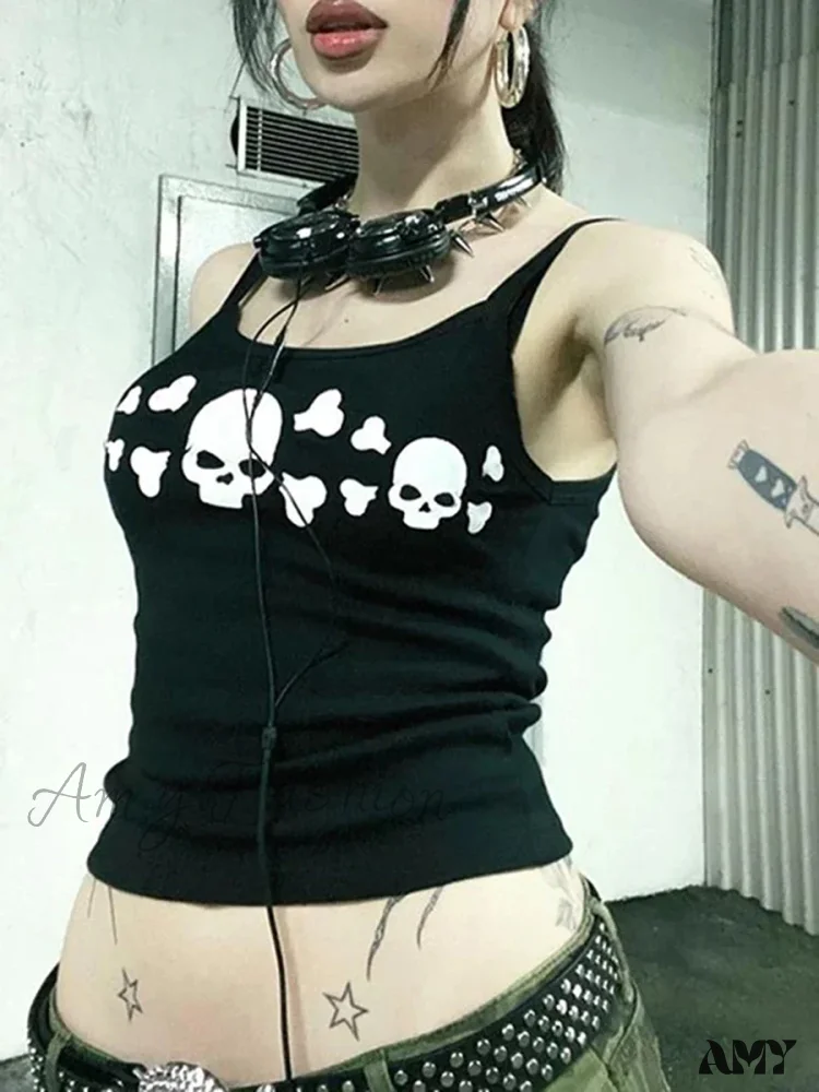 Black Retro Skull Print Backless Slim Fit Crop Top - Image 2