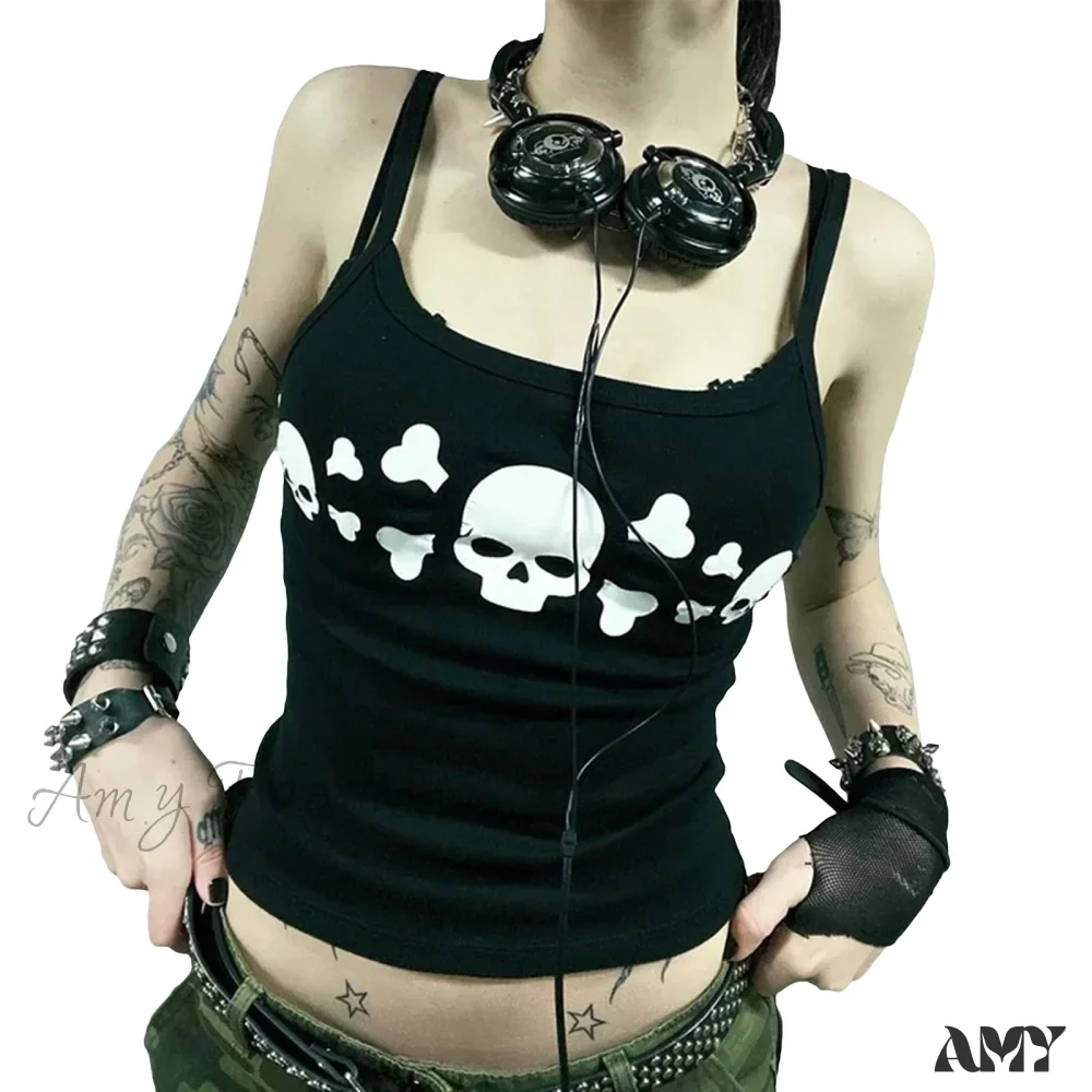 Black Retro Skull Print Backless Slim Fit Crop Top - Image 5