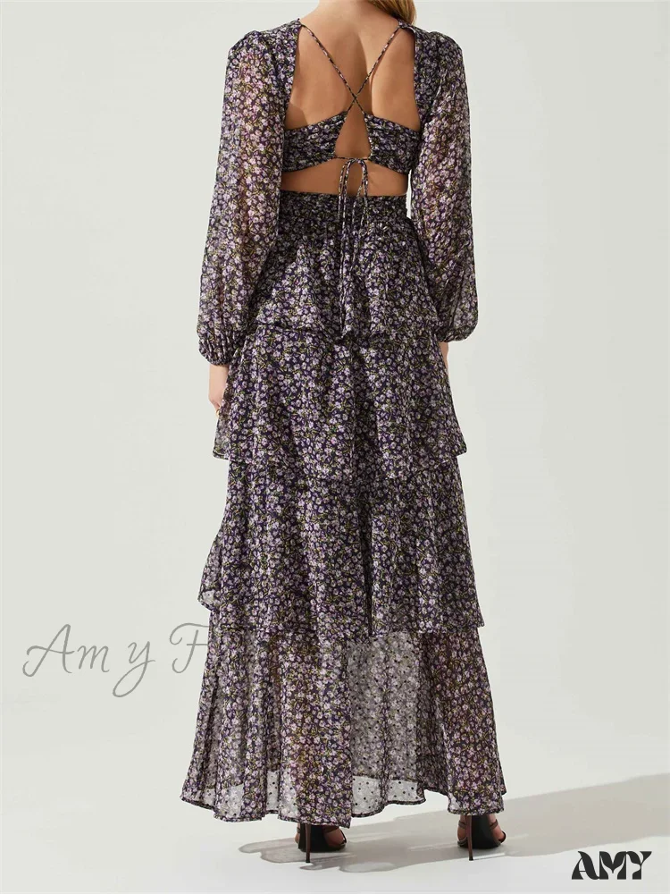 Amy Fashion - Women High Split Floral Print   Puff Sleeve V Neck Layered Ruffles Hem Spring Fall Vestidos - Image 2