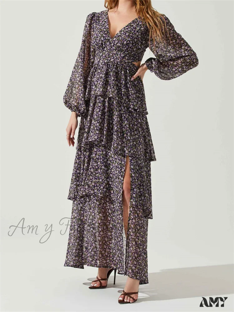 Amy Fashion - Women High Split Floral Print   Puff Sleeve V Neck Layered Ruffles Hem Spring Fall Vestidos - Image 3