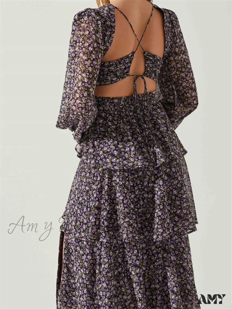 Amy Fashion - Women High Split Floral Print   Puff Sleeve V Neck Layered Ruffles Hem Spring Fall Vestidos - Image 4