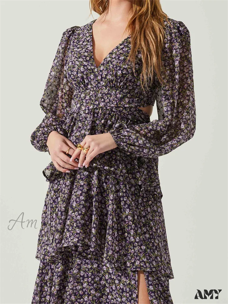 Amy Fashion - Women High Split Floral Print   Puff Sleeve V Neck Layered Ruffles Hem Spring Fall Vestidos - Image 5