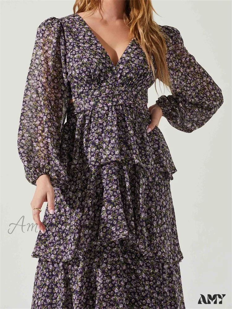 Amy Fashion - Women High Split Floral Print   Puff Sleeve V Neck Layered Ruffles Hem Spring Fall Vestidos - Image 6