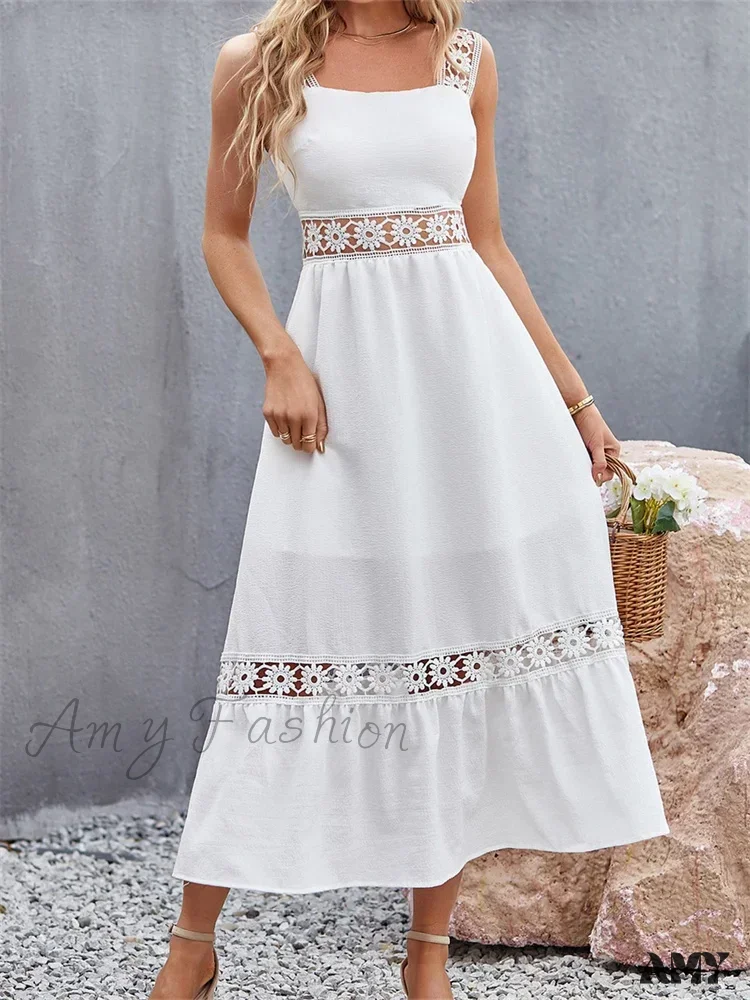 Amy Fashion - Women Hollow Out  Lace Floral Patchwork Square Neck Sleeveless Party Beach Club Summer Streetwear New - Image 2
