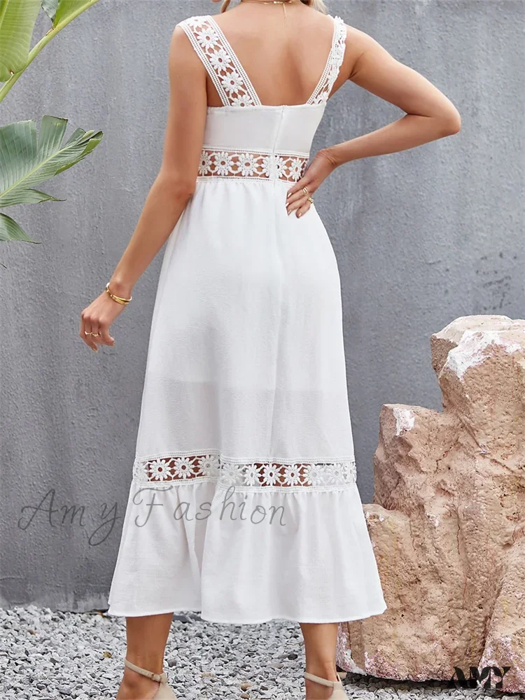 Amy Fashion - Women Hollow Out  Lace Floral Patchwork Square Neck Sleeveless Party Beach Club Summer Streetwear New - Image 3