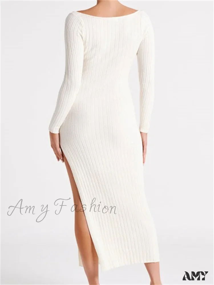 Amy Fashion - Women Knitted Bodycon  Solid Color Ribbed Round Neck  Sleeve Side Split Spring Fall Vestidos - Image 6