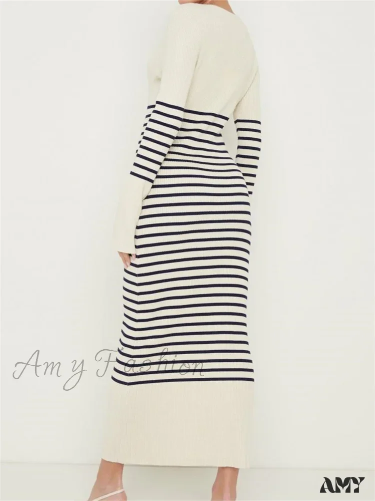 Amy Fashion - Women Knitted   Sleeve Deep V Neck Striped Slim Fit Spring Autumn Female Vestidos Streetwear - Image 2