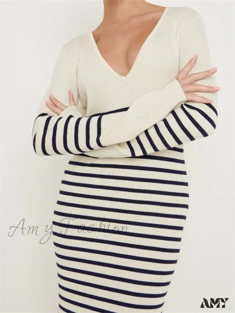 Amy Fashion - Women Knitted   Sleeve Deep V Neck Striped Slim Fit Spring Autumn Female Vestidos Streetwear - Image 3