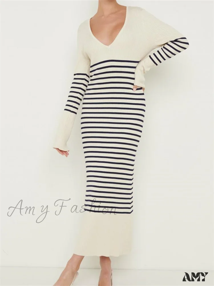 Amy Fashion - Women Knitted   Sleeve Deep V Neck Striped Slim Fit Spring Autumn Female Vestidos Streetwear - Image 4