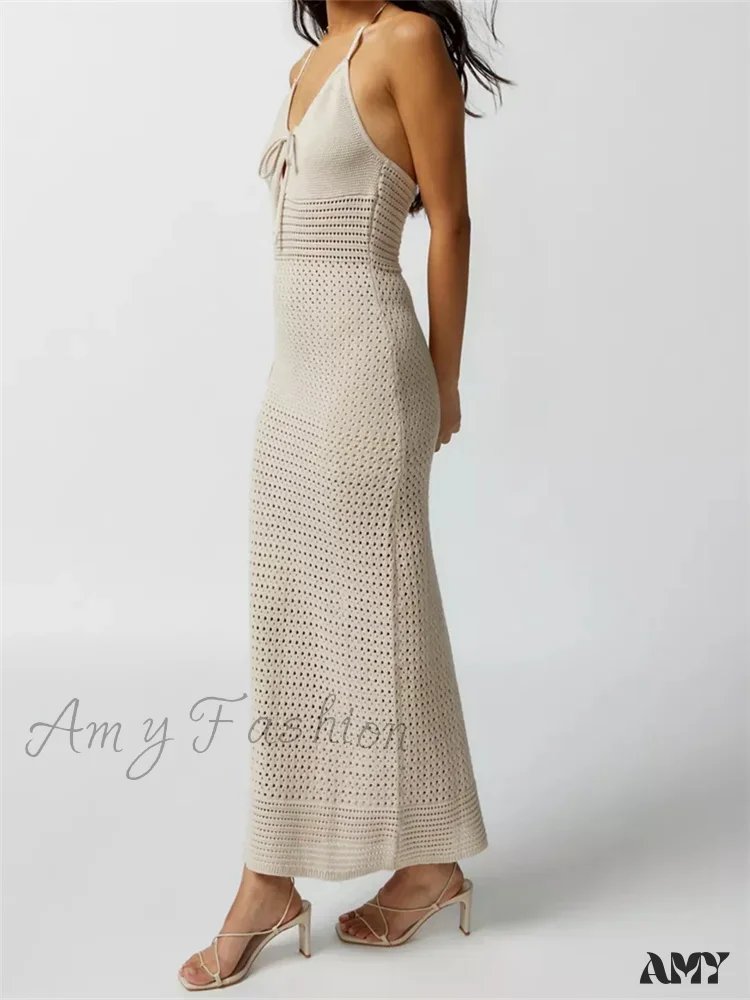 Amy Fashion - Women Knitted  Sleeveless Halter Tie-up Backless Hollow Out Summer Off Shoulder Beach Female Vestidos - Image 2