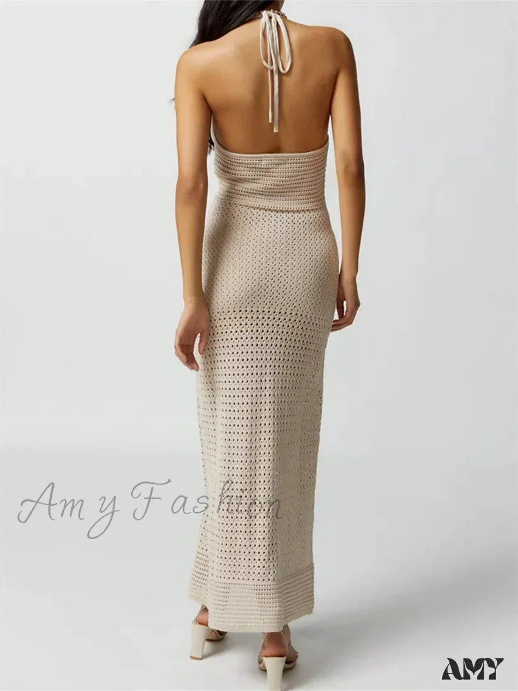 Amy Fashion - Women Knitted  Sleeveless Halter Tie-up Backless Hollow Out Summer Off Shoulder Beach Female Vestidos - Image 3