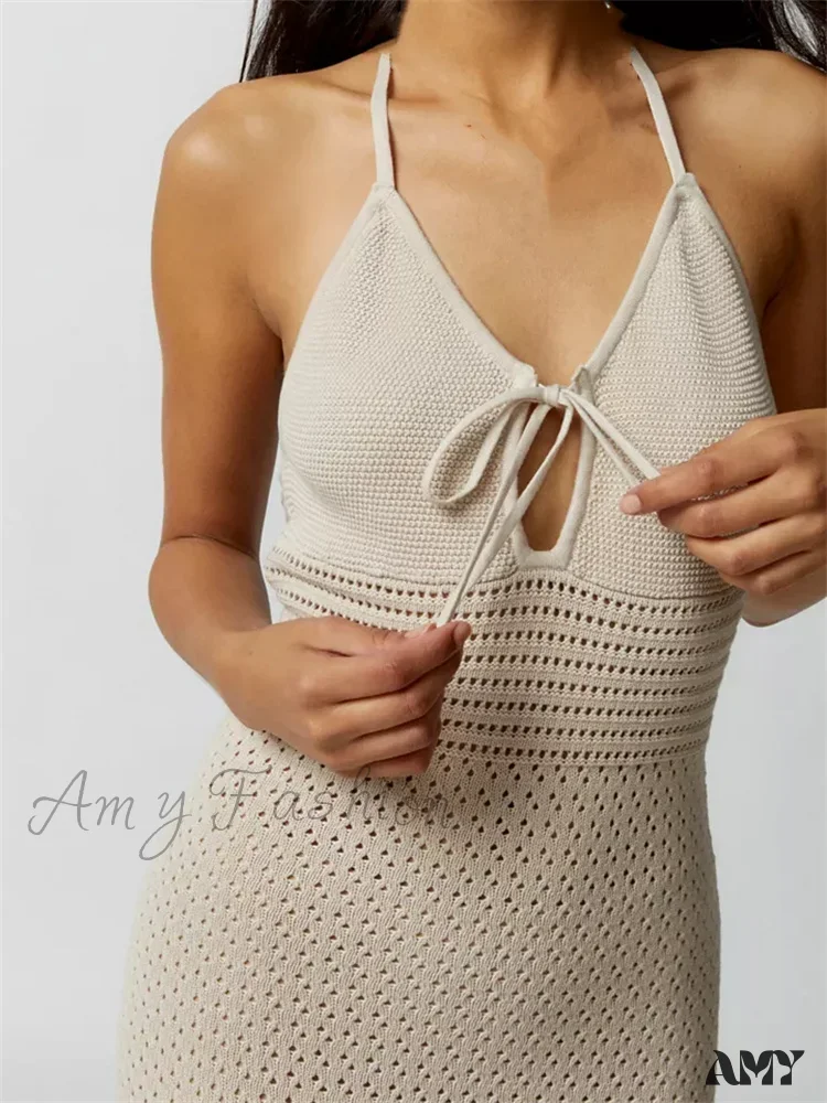 Amy Fashion - Women Knitted  Sleeveless Halter Tie-up Backless Hollow Out Summer Off Shoulder Beach Female Vestidos - Image 4