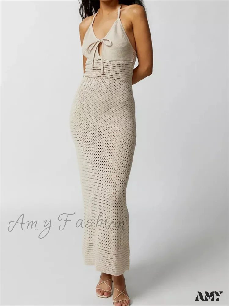 Amy Fashion - Women Knitted  Sleeveless Halter Tie-up Backless Hollow Out Summer Off Shoulder Beach Female Vestidos - Image 5