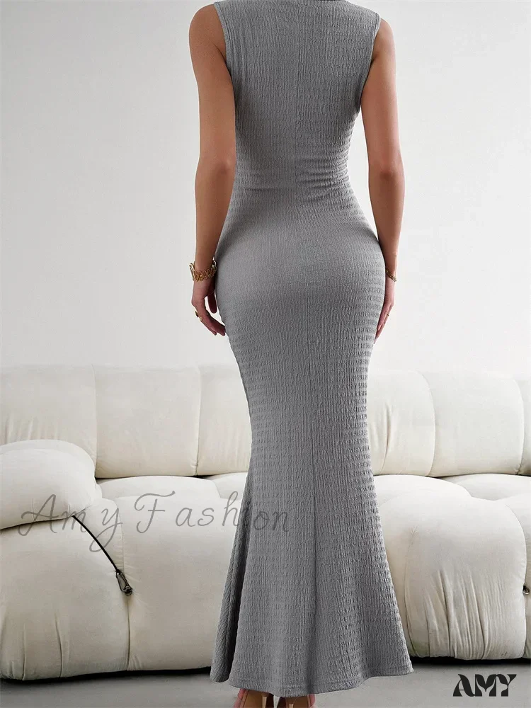 Amy Fashion - Women Knitted  Sleeveless Round Neck Solid Color Slim Fit Ruched Tank Cocktail Party Female Vestidos - Image 2