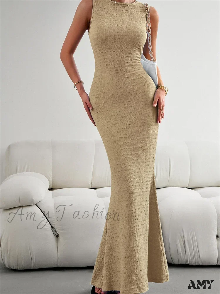 Amy Fashion - Women Knitted  Sleeveless Round Neck Solid Color Slim Fit Ruched Tank Cocktail Party Female Vestidos - Image 3