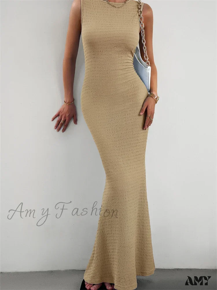 Amy Fashion - Women Knitted  Sleeveless Round Neck Solid Color Slim Fit Ruched Tank Cocktail Party Female Vestidos - Image 4