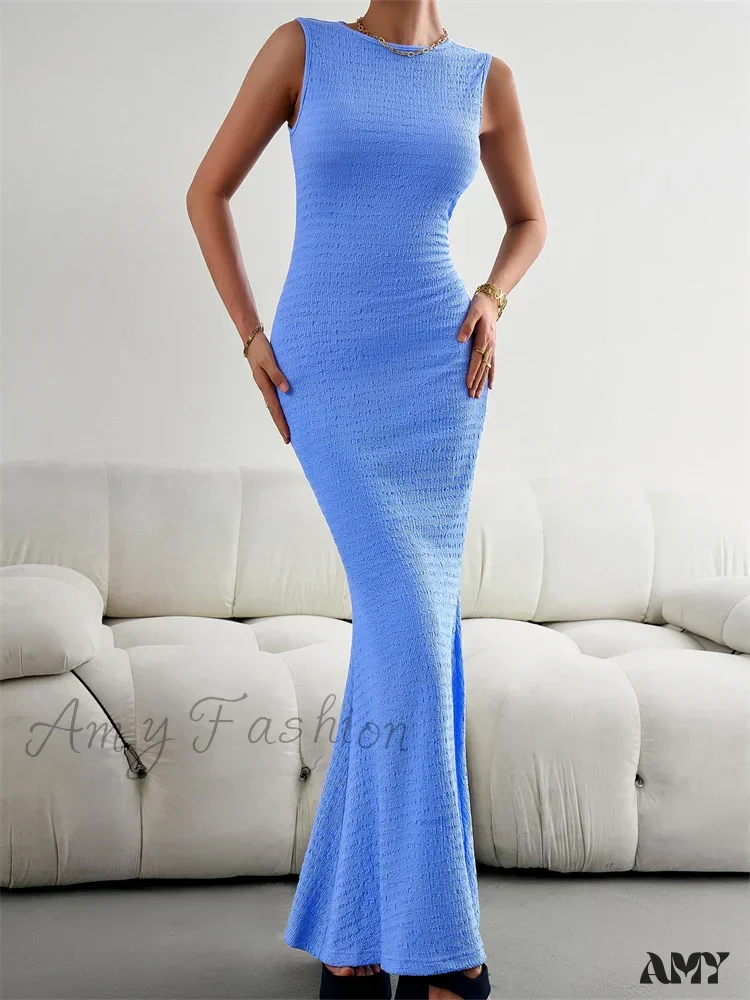 Amy Fashion - Women Knitted  Sleeveless Round Neck Solid Color Slim Fit Ruched Tank Cocktail Party Female Vestidos - Image 5