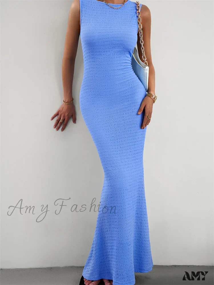 Amy Fashion - Women Knitted  Sleeveless Round Neck Solid Color Slim Fit Ruched Tank Cocktail Party Female Vestidos - Image 7