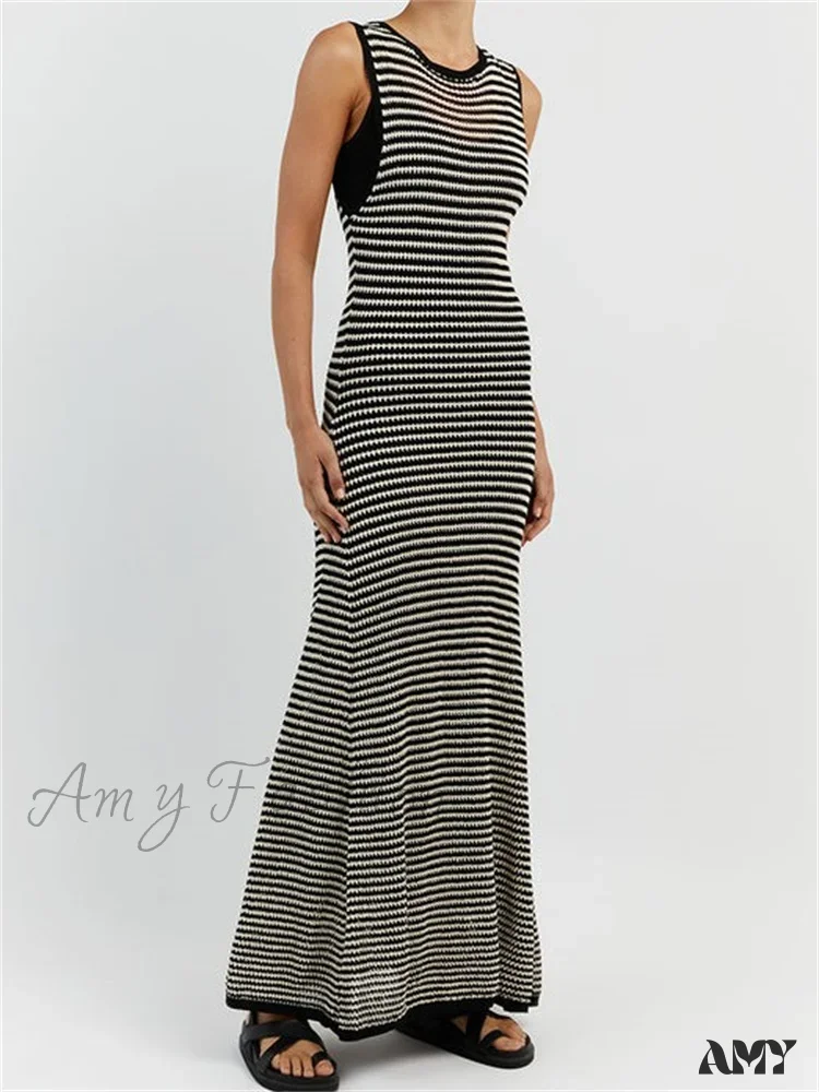 Amy Fashion - Women Knitted  Sleeveless Round Neck Striped Slim  Summer Club Party Female Vestidos Streetwear - Image 2