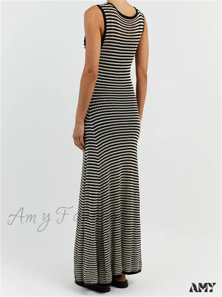 Amy Fashion - Women Knitted  Sleeveless Round Neck Striped Slim  Summer Club Party Female Vestidos Streetwear - Image 3