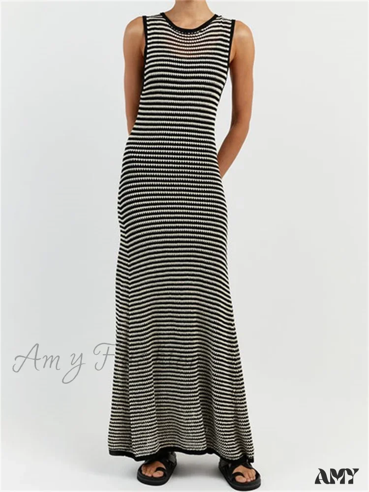 Amy Fashion - Women Knitted  Sleeveless Round Neck Striped Slim  Summer Club Party Female Vestidos Streetwear - Image 4