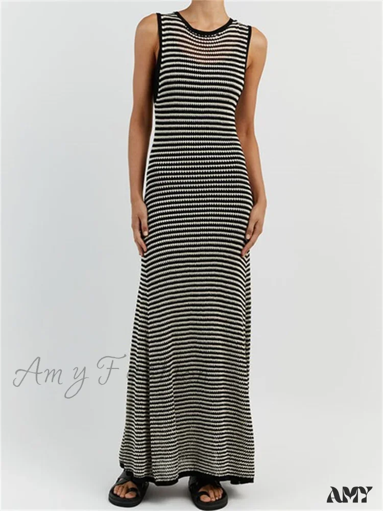 Amy Fashion - Women Knitted  Sleeveless Round Neck Striped Slim  Summer Club Party Female Vestidos Streetwear - Image 5