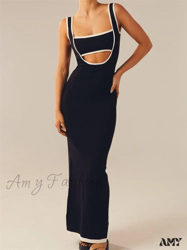 Amy Fashion - Women Knitted Tank Summer Contrast Color Hollow Out Backless Party Cocktail Beach Club Vestido Streetwear - Image 5