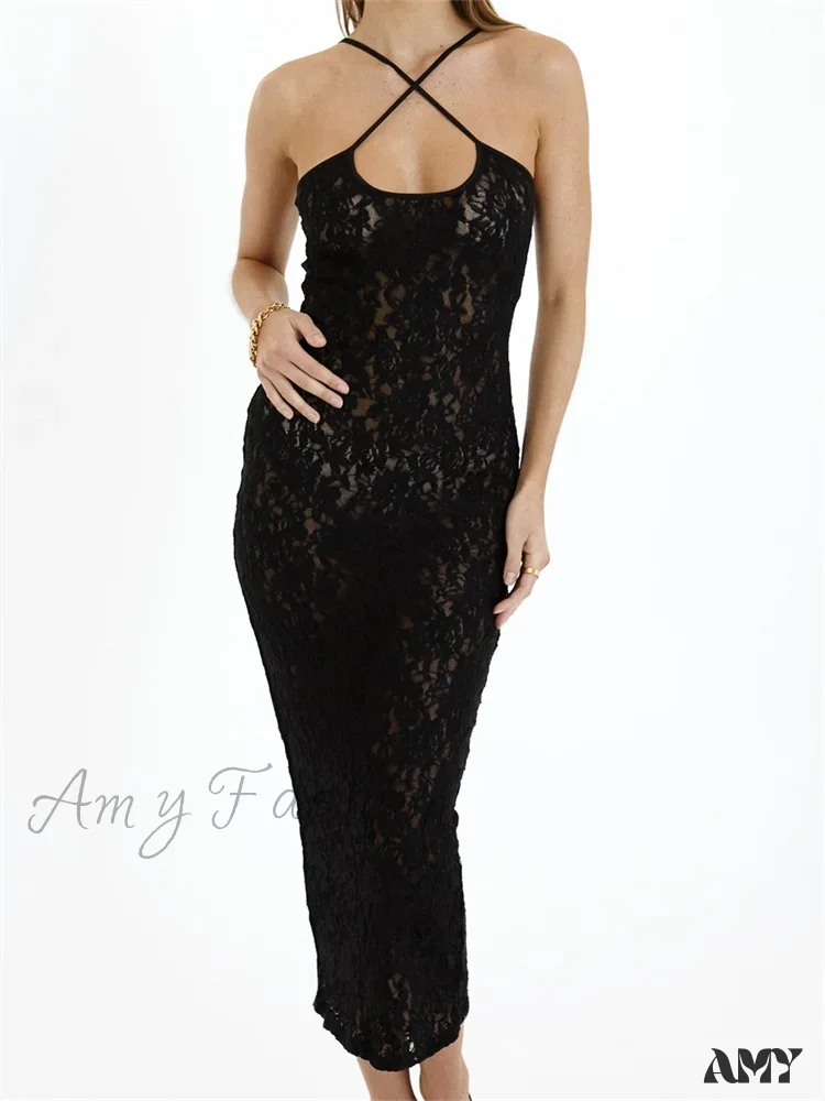 Amy Fashion - Women Lace Floral See Through Mid Elegant Sleeveless Criss-cross Off Shoulder Party Summer Vestidos - Image 2