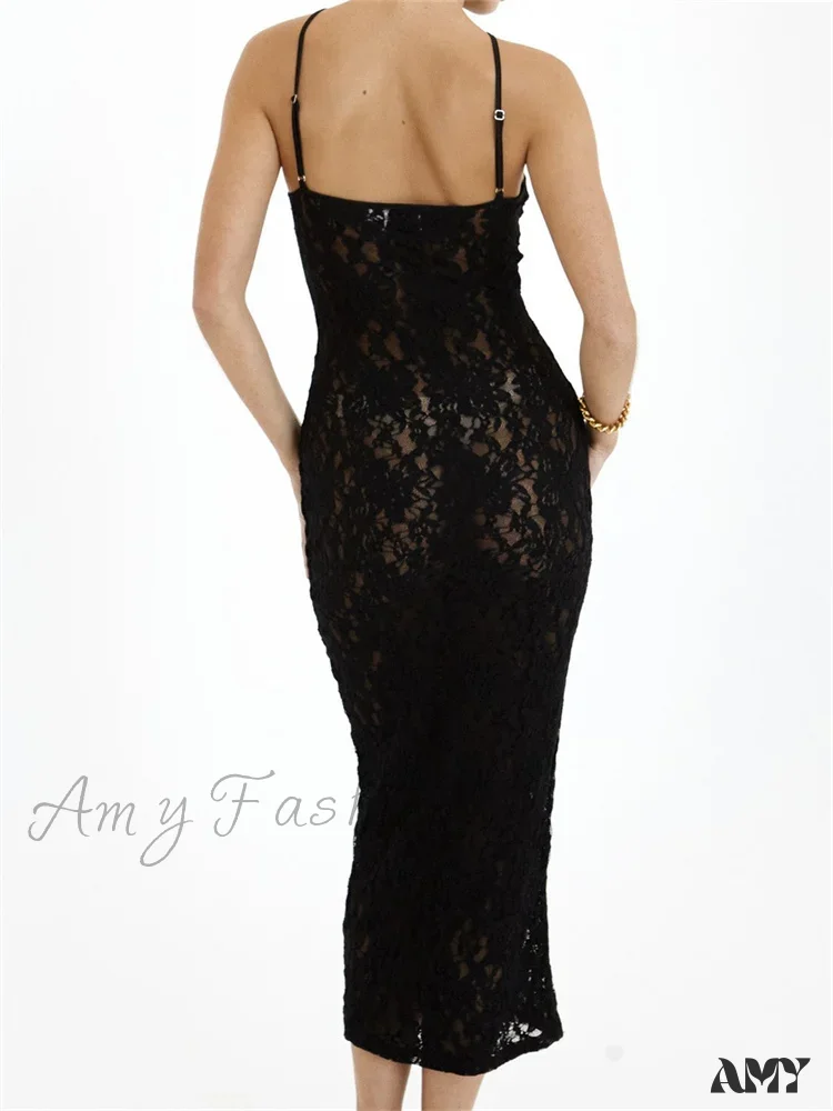 Amy Fashion - Women Lace Floral See Through Mid Elegant Sleeveless Criss-cross Off Shoulder Party Summer Vestidos - Image 3