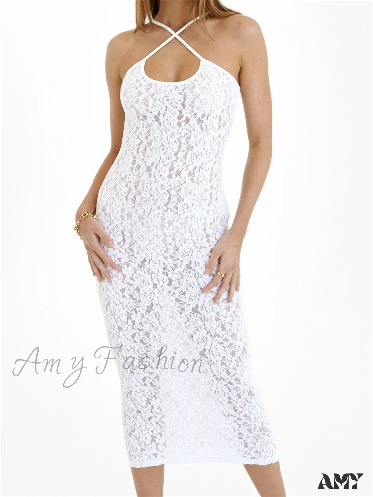 Amy Fashion - Women Lace Floral See Through Mid Elegant Sleeveless Criss-cross Off Shoulder Party Summer Vestidos - Image 4