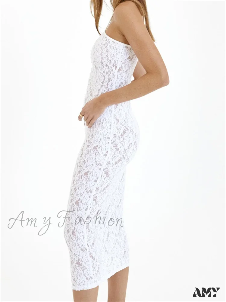 Amy Fashion - Women Lace Floral See Through Mid Elegant Sleeveless Criss-cross Off Shoulder Party Summer Vestidos - Image 5