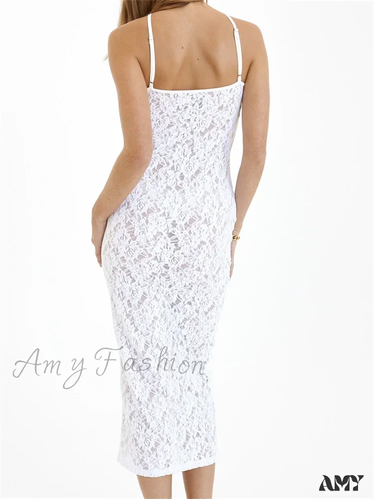 Amy Fashion - Women Lace Floral See Through Mid Elegant Sleeveless Criss-cross Off Shoulder Party Summer Vestidos - Image 6