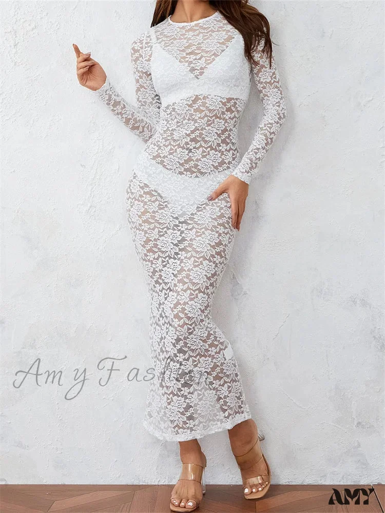 Amy Fashion - Women Lace Floral See Through  Vintage  Sleeve Round Neck Solid Back Split Party Female Vestidos - Image 2