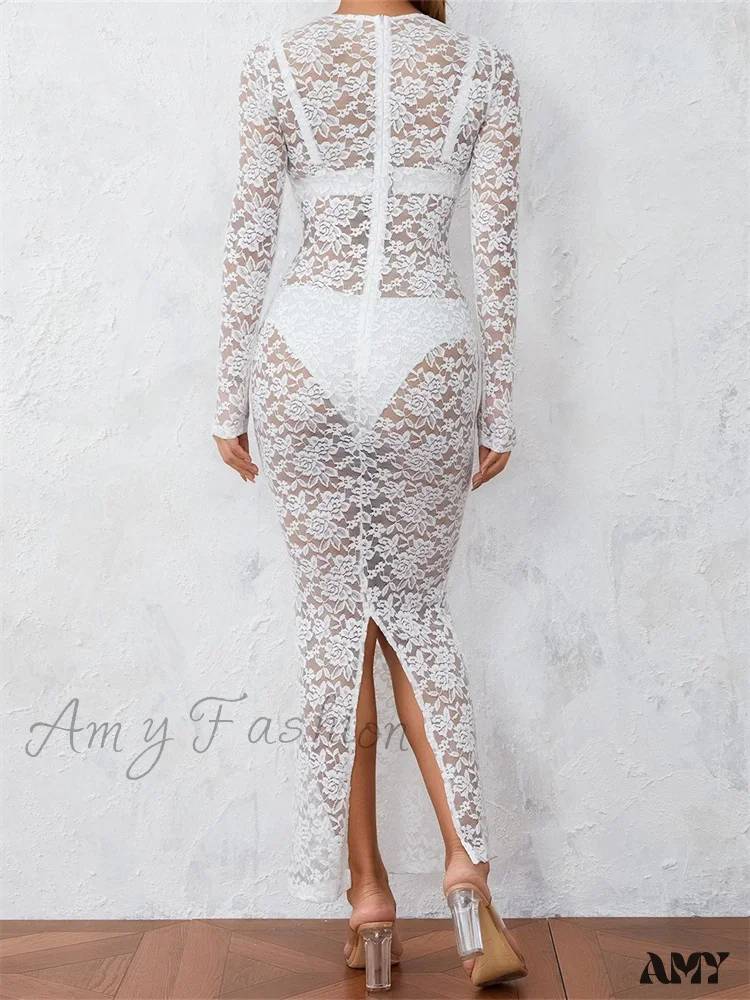 Amy Fashion - Women Lace Floral See Through  Vintage  Sleeve Round Neck Solid Back Split Party Female Vestidos - Image 3