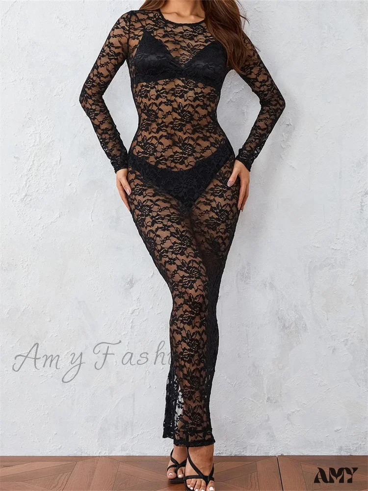 Amy Fashion - Women Lace Floral See Through  Vintage  Sleeve Round Neck Solid Back Split Party Female Vestidos - Image 4