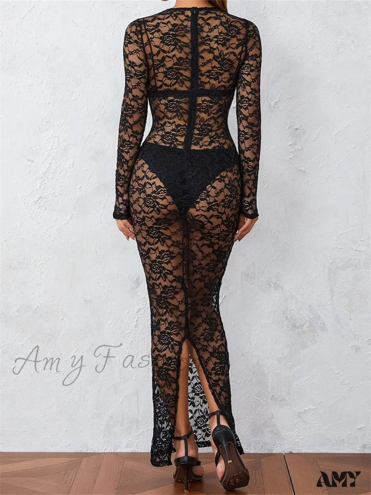 Amy Fashion - Women Lace Floral See Through  Vintage  Sleeve Round Neck Solid Back Split Party Female Vestidos - Image 5