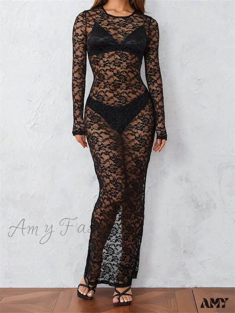 Amy Fashion - Women Lace Floral See Through  Vintage  Sleeve Round Neck Solid Back Split Party Female Vestidos - Image 6