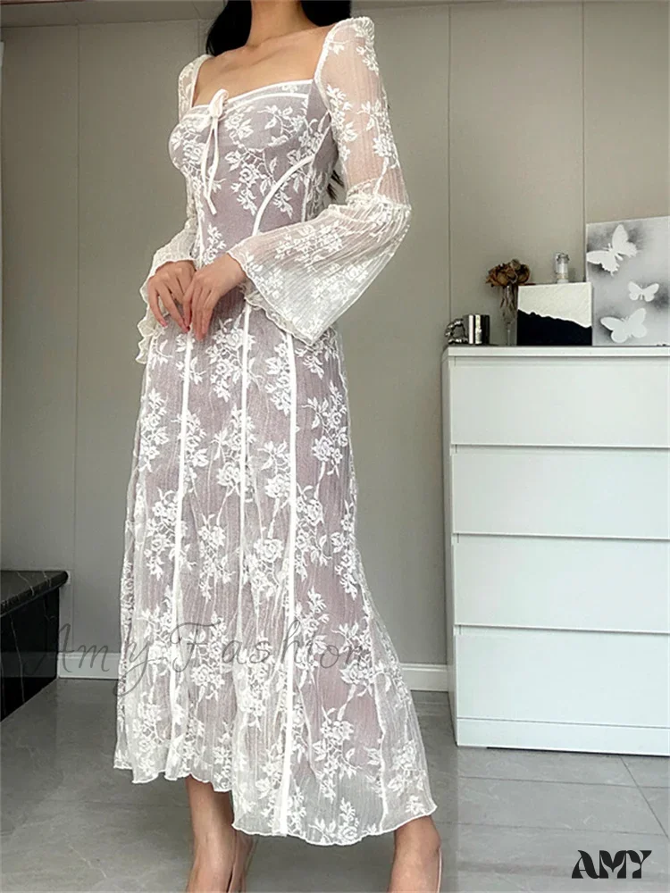 Amy Fashion - Women Lace Flower  Flare Sleeve Square Neck Tie-up  Spring Fall Solid Party Female Vestidos - Image 2