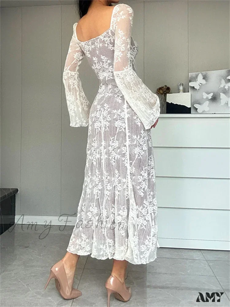 Amy Fashion - Women Lace Flower  Flare Sleeve Square Neck Tie-up  Spring Fall Solid Party Female Vestidos - Image 3
