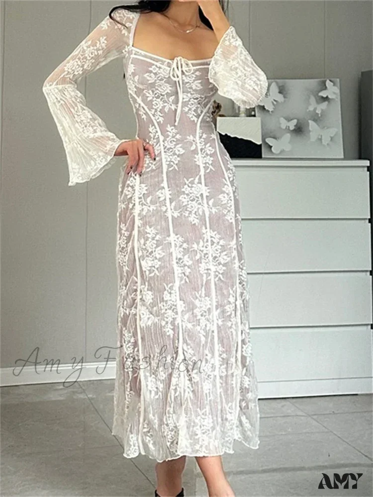 Amy Fashion - Women Lace Flower  Flare Sleeve Square Neck Tie-up  Spring Fall Solid Party Female Vestidos - Image 4
