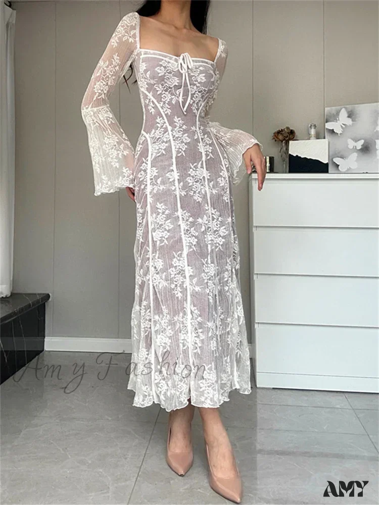 Amy Fashion - Women Lace Flower  Flare Sleeve Square Neck Tie-up  Spring Fall Solid Party Female Vestidos - Image 5