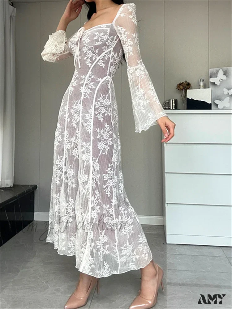 Amy Fashion - Women Lace Flower  Flare Sleeve Square Neck Tie-up  Spring Fall Solid Party Female Vestidos - Image 6