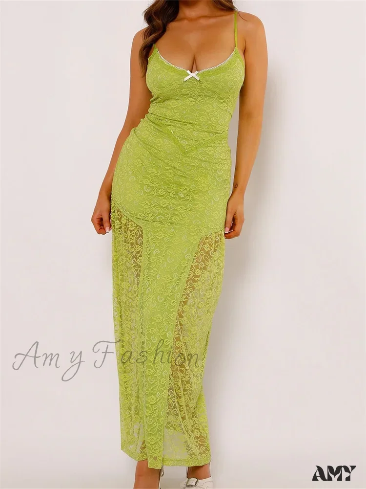 Amy Fashion - Women Lace V-neck Low Cut  Sleeveless Spaghetti Strap Solid Color Bodycon Elegant Party Vestidos - Image 2