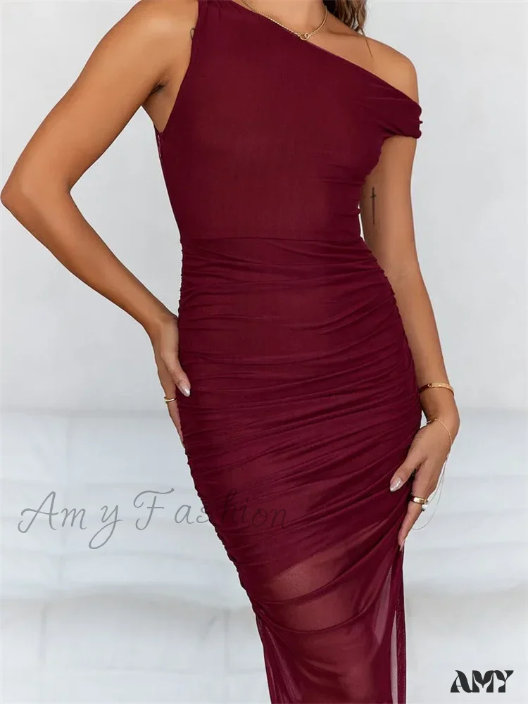Amy Fashion - Women Mesh Off Shoulder  Solid Color Asymmetrical Hem Sleeveless Ruched Bodycon Party Female Vestidos - Image 4